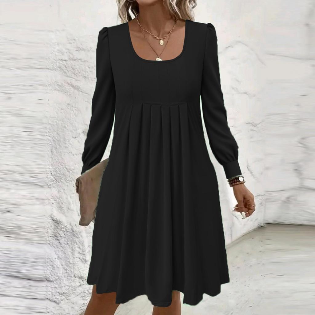 Women's Loose Square Neck Casual Long Sleeve Solid Color Pleated Dress