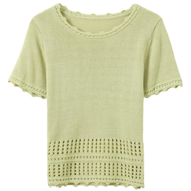 SanCai 2026 Summer Hollow-Out Knit Short-Sleeve Top
