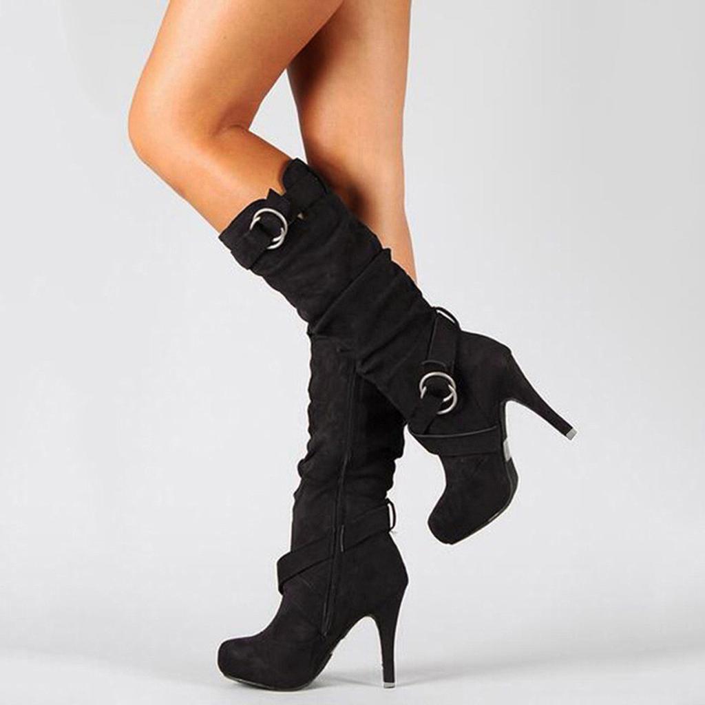 Warm Vintage Women's Knee High Leather Boots Long Mid Calf Heel Flat Shoes Boots Women's over The Knee Wide Calf Boots for Women