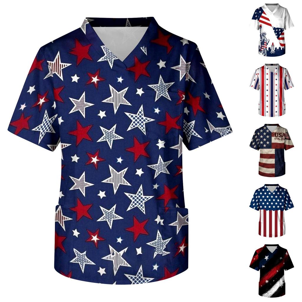 Men's V Neck Short Sleeve Medical Scrub Top with Chest Pocket Independence Day Print Casual Workwear for Healthcare Professionals
