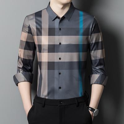 Langarmhemden für junge und mittlere Männer im Business-Casual-Stil mit Streifen aus nahtloser Eisseide und dünnem Cardigan-Stil für Herren