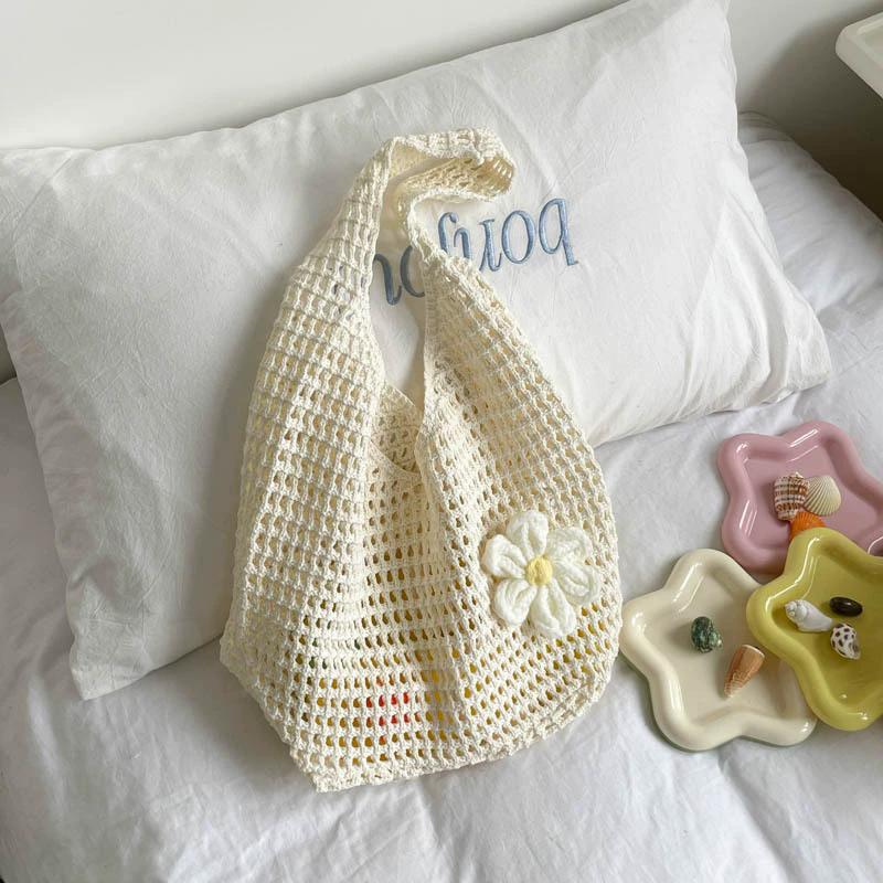 Solid Color Knitting Shoulder Bag Flower Large Capacity Bohemian Crochet Tote Bag Hollow Out Versatile Casual Woven Handbag