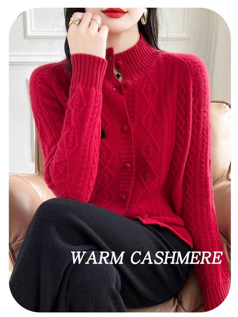 Heavy Knit Half High Neck Slim Fit Cashmere Cardigan Sweater for Spring & Autumn
