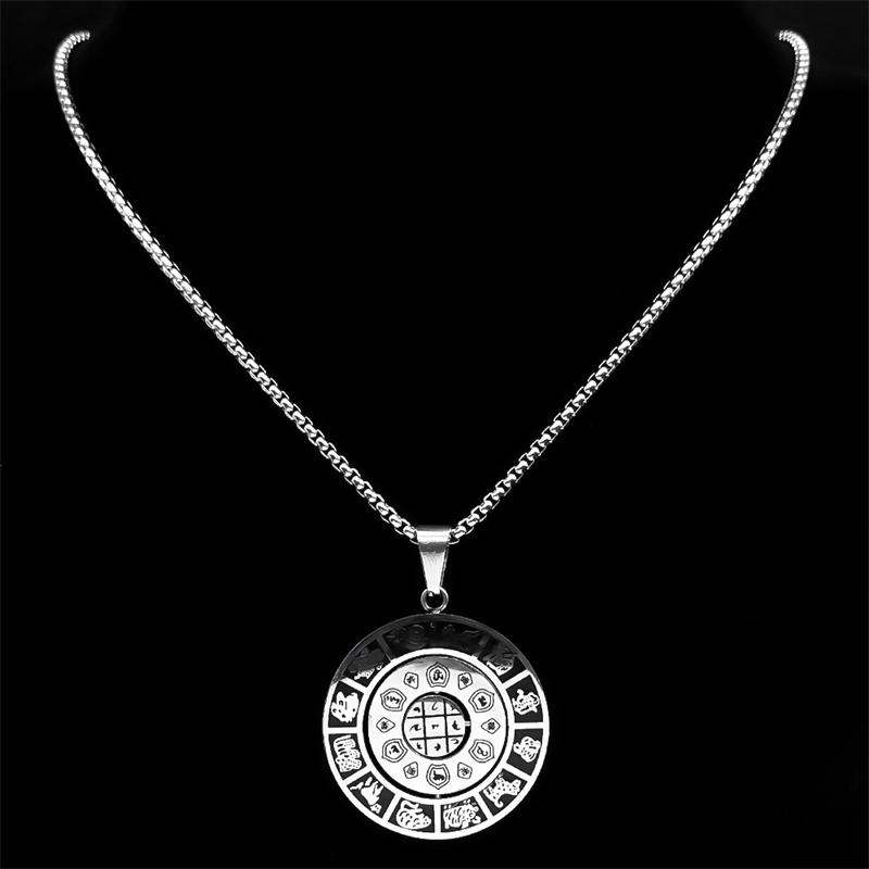 Buddhismus Chinesisches Tierkreiszeichen Lotus Drehbar Halskette für Männer Frauen Edelstahl Neun Paläste Bagua Amulett Kette Schmuck NZZZ172
