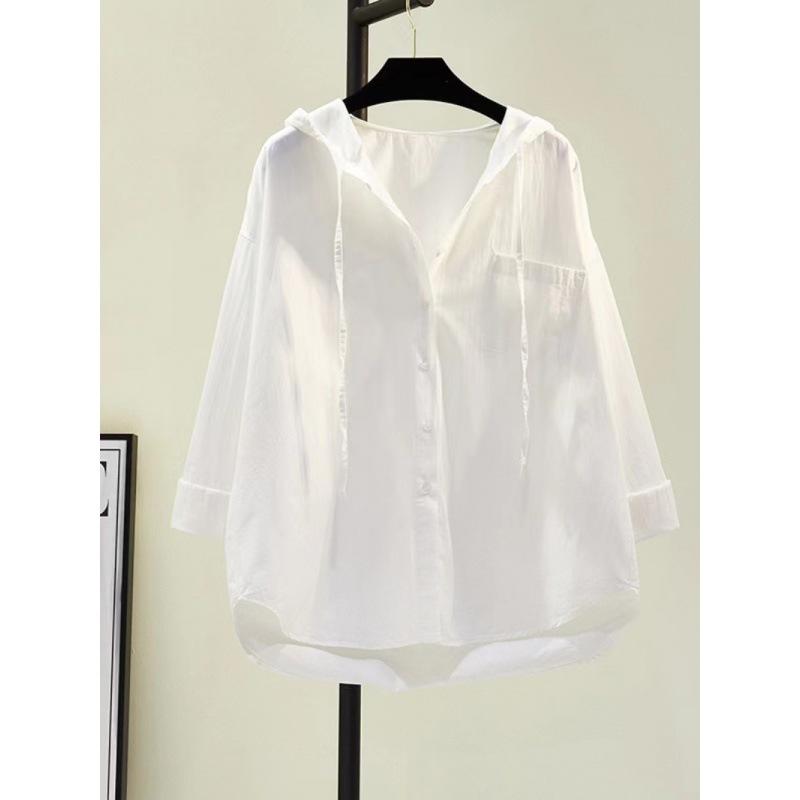 Top Oversize Manica Lunga Moda Coreana Camicetta Bianca Camicia Donna Felpa con Cappuccio Casual Cotone Bluse
