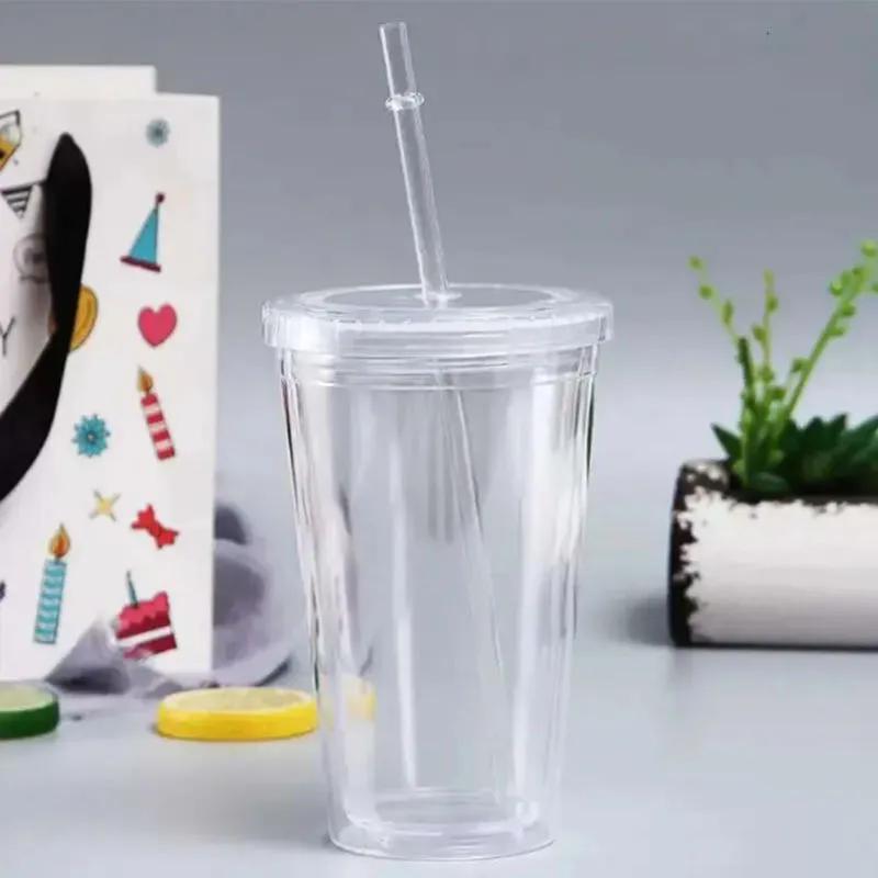 Drinking Acrylic 16oz Wall Tumblers Clear Double Plastic Juice Cup With Lid And Straw Coffee Mug Diy Transparent Mugs YLE026