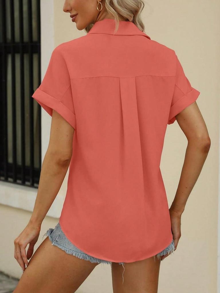 Women's V Neck Collared Button Down Shirt Short Sleeve Top with Pockets