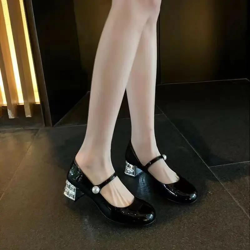 Fashion Shoes for Women Mary Jane Woman Footwear Gothic Round Toe with Medium Heels Diamond Crystals Rhinestone Pearl Popular Stylish 39