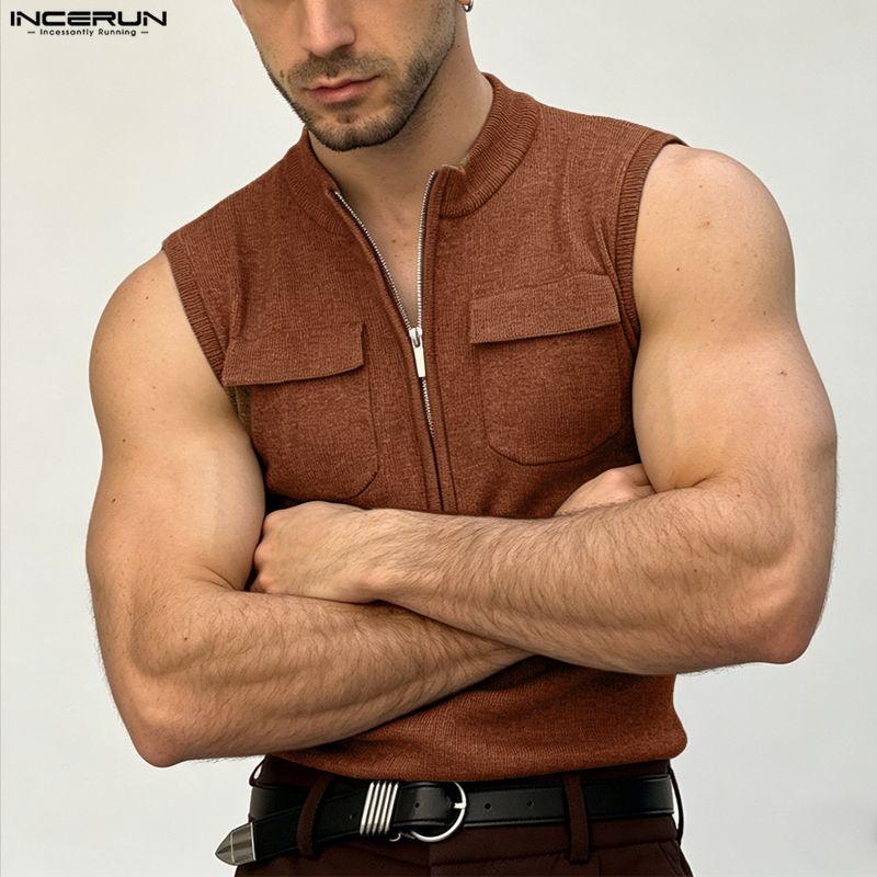INCERUN Camisetas sin mangas casuales ajustadas con cremallera para hombre