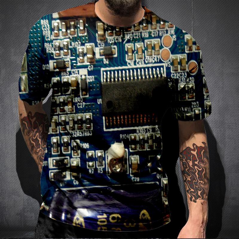 Summer Round Neck Circuit Board Pattern 3D Print Top Fashionable Casual Short Sleeved Men's T-shirts