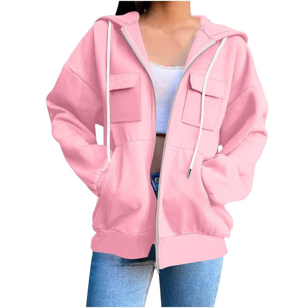 Women's Plain Zip-Up Hoodie - Oversized Long Sleeve Hooded Sweatshirt for Street Casual Wear