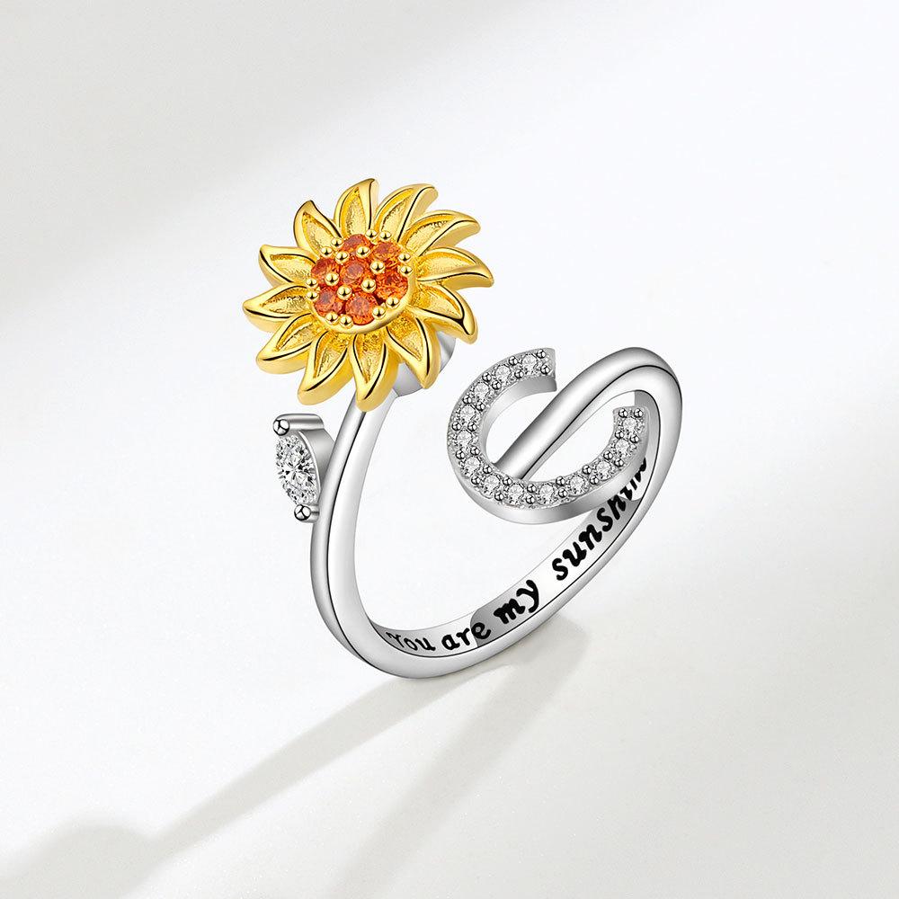 Creative Sunflower Rotating Ring 26 Letters Adjustable Open Design Women's Fashion Finger Jewelry Daily Wear & Gift Accessories