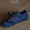 Cowhide version double shoelaces blue women's autumn new retro fashion soft-soled casual single shoes