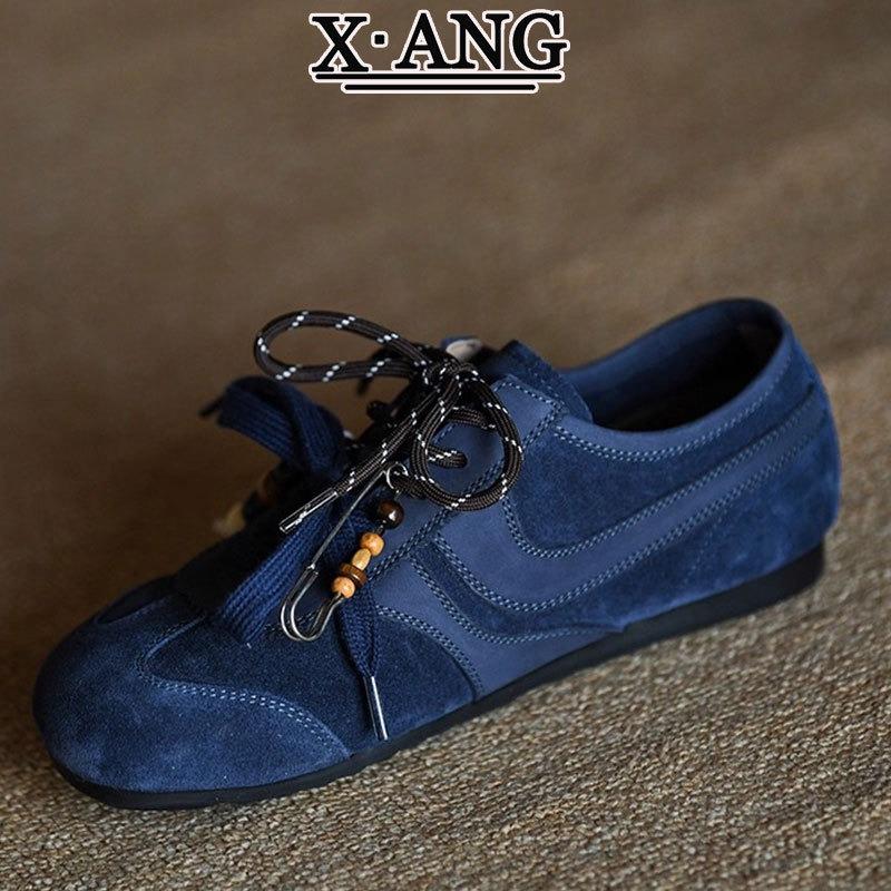 Cowhide version double shoelaces blue women's autumn new retro fashion soft-soled casual single shoes