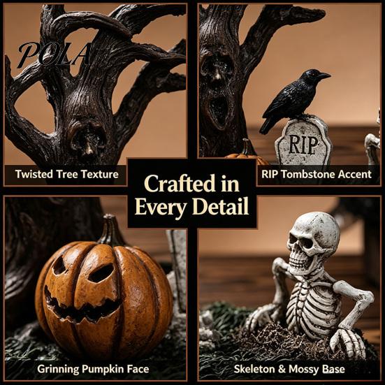 Retro Gothic Home Decor Halloween Garden Ornaments, Spooky Cemetery with Resin Skulls Dead Trees Atmosphere Decorations Pumpkin Raven for Indoor