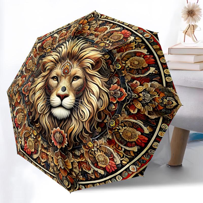 1pc Lion Mandala Automatic Folding Umbrella, Lightweight Retractable Compact Travel Umbrella, 8-Rib Sturdy Frame146