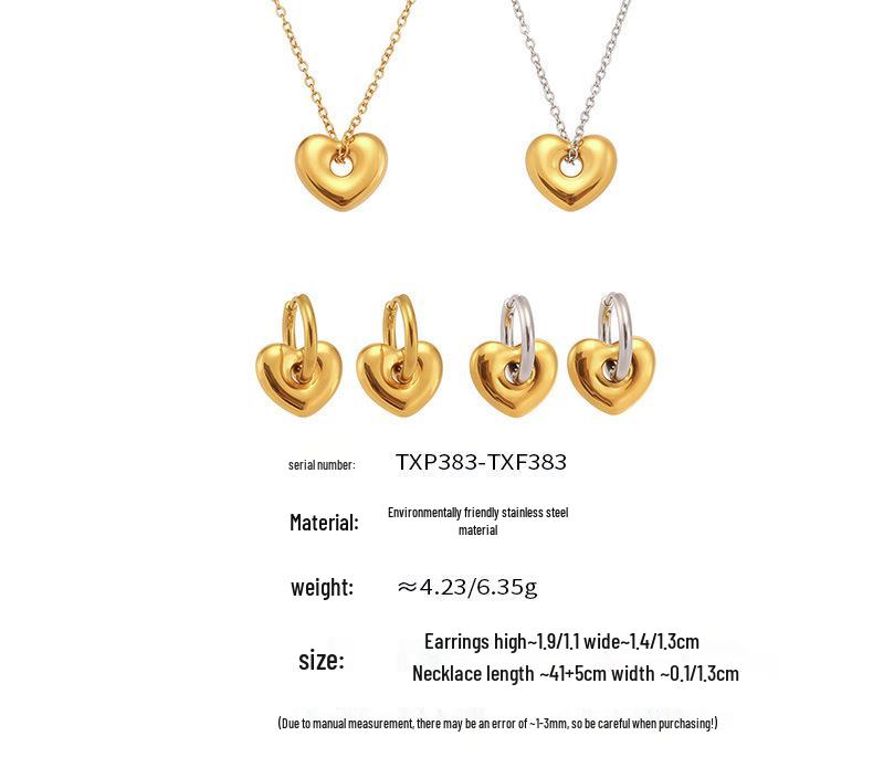 Qiong Yao 18K Gold Plated Stainless Steel Peach Heart Pendant Necklace & Earring Set - Smooth Surface & Elegant Design