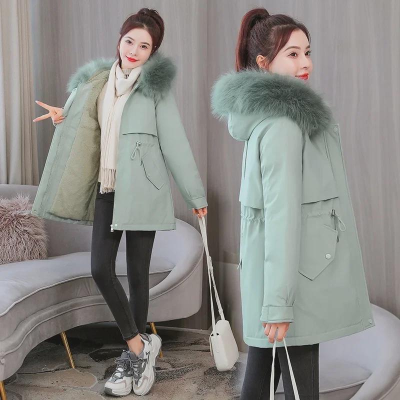 Women's Casual Mid-Length Korean Style Cotton Jacket with Fur Collar
