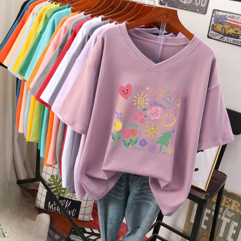 Kurzärmeliges T-Shirt, Locker sitzend, Schlankmachendes bedrucktes V-Ausschnitt-Top für Damen