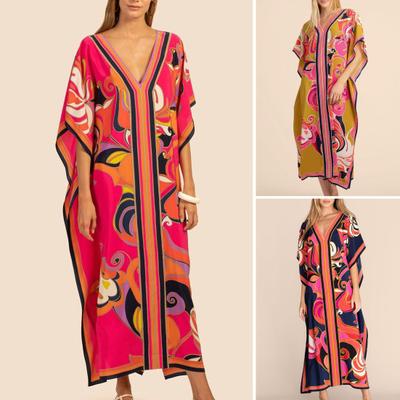 2024 V-Ausschnitt Fledermausärmel Robenkleid Lockerer Schnitt Knöchellang Cool Böhmisch Geometrischer Druck Überwurfkleid Strandkleidung
