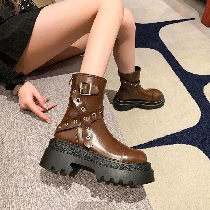 2024 Heißer Verkauf Damen Schuhe Seitlicher Reißverschluss Damenstiefel Mode Gürtelschnalle Moderne Stiefel Damen Neu Runde Zehenpartie Mid-Calf Stiefel Zapatos