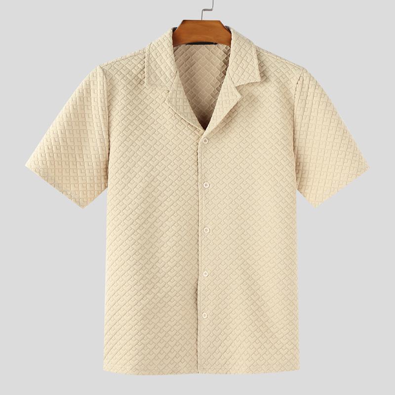 INCERUN Oversized Men Lapel Neck Short Sleeve Texture Buttons Up Casual Shirts