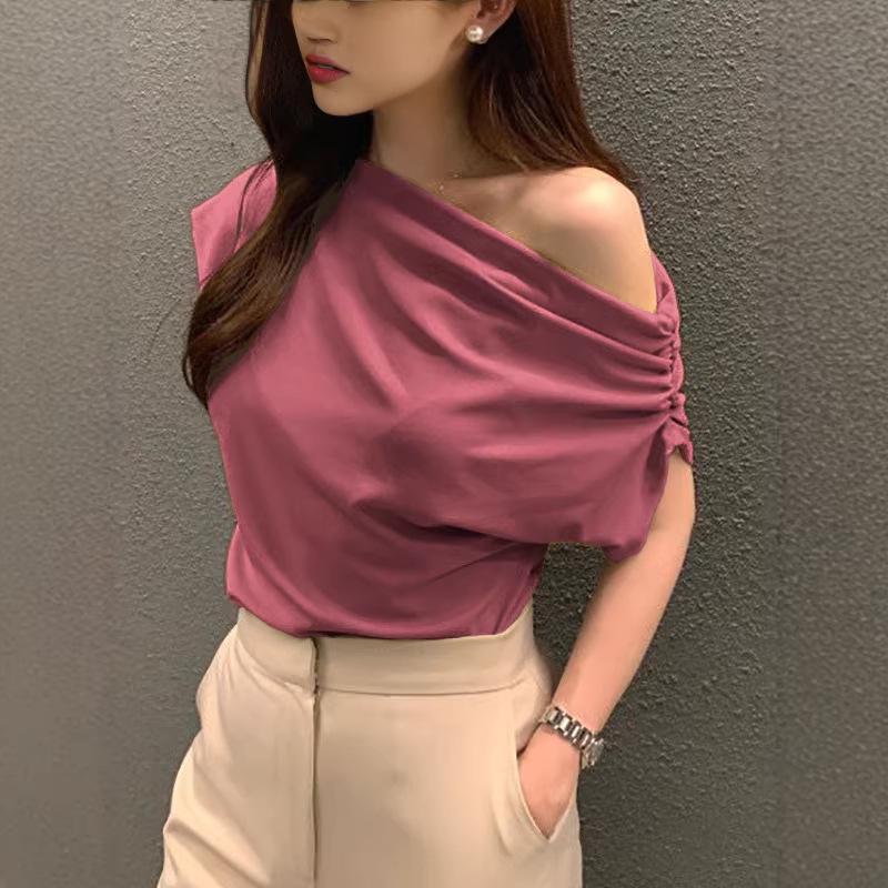 Irregular Slanted Shoulder Design Sense Loose Solid Color Pullover Short Sleeve T-Shirts Women’s