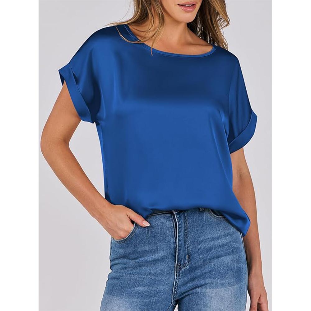 Women's Summer Dressy Casual Short Sleeve Shirts Crewneck Silk Satin Business Office Work Blouse Tops