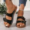 Women's Wide Width Buckle Sandals, Square Toe Peep-Toe Slides, Comfortable Outdoor Beach Slippers for Women