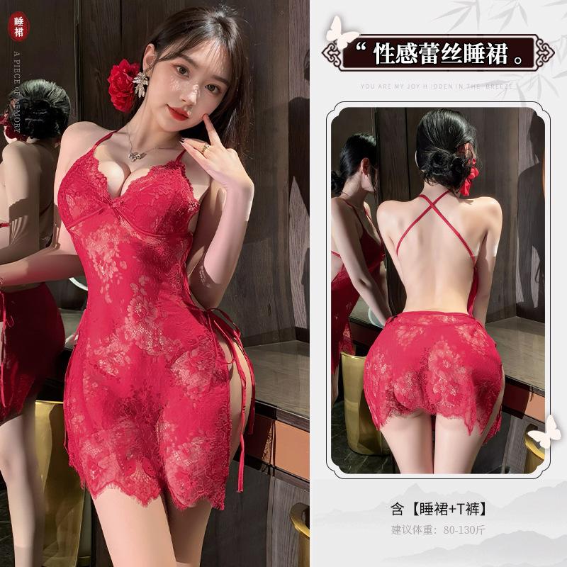 Sexy Female Deep V Neck Lace Back Strap Mesh Lace Sheer Sleepwear Dress Elegant 2025 New Tops Mini Dress Hot Sexy Korean N50P