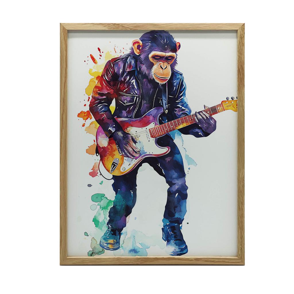 Plakat Małpa Z Gitarą Plakat Małpa Z Gitarą, 50X70 Cm, Rama Drewniana Jasny Dąb, Papier Matowy 230 Gsm