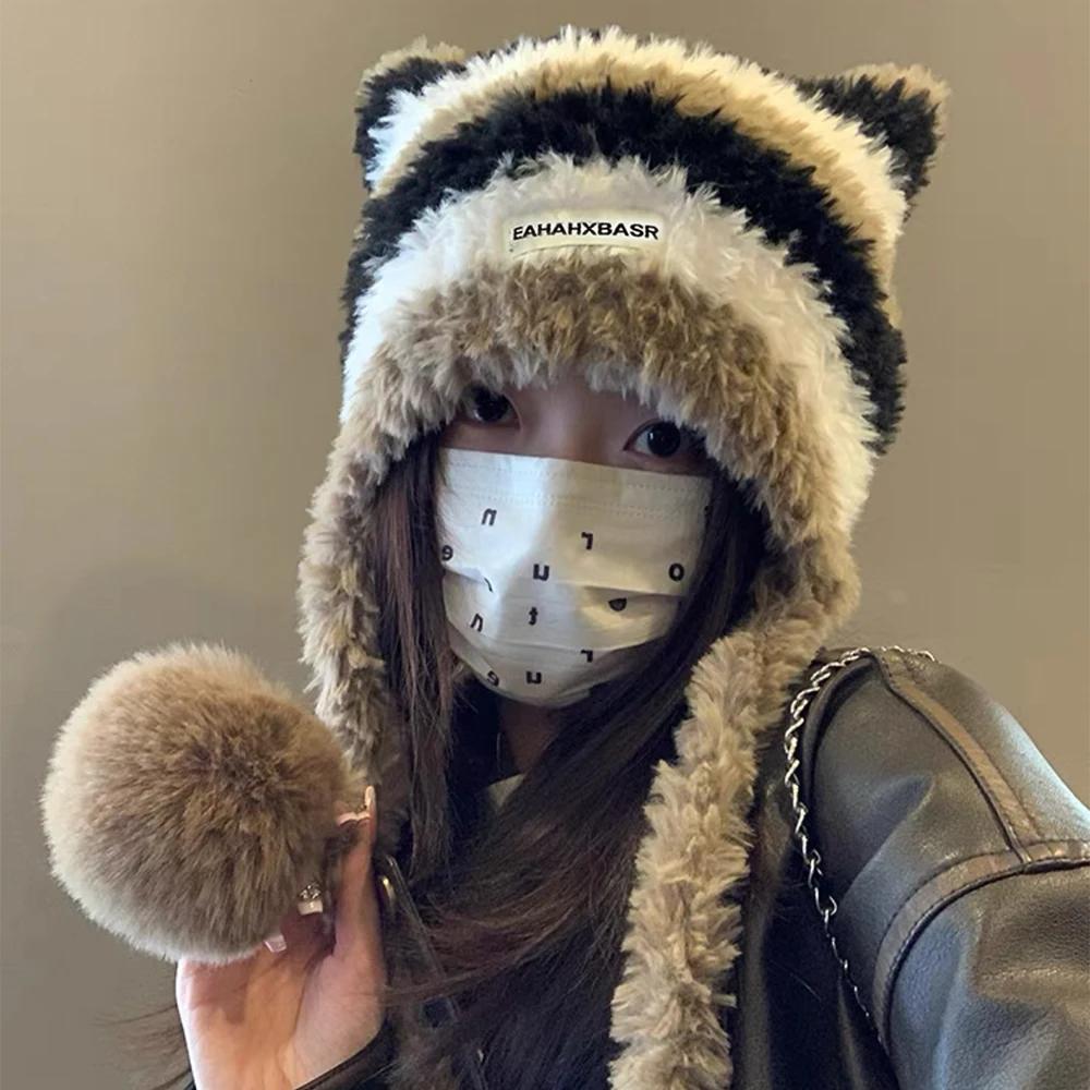 Handmade Japan Designer Pentagram Wool Beanie Hat Ladies Autumn Spring Warm Cat Ear Knit Stripe Beanie Cap with Pompom