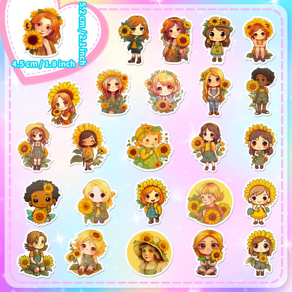 50 Sunflower Girl Stickers Sunflower Creative Cartoon Little Daisy Girl Stickers Summer Fresh