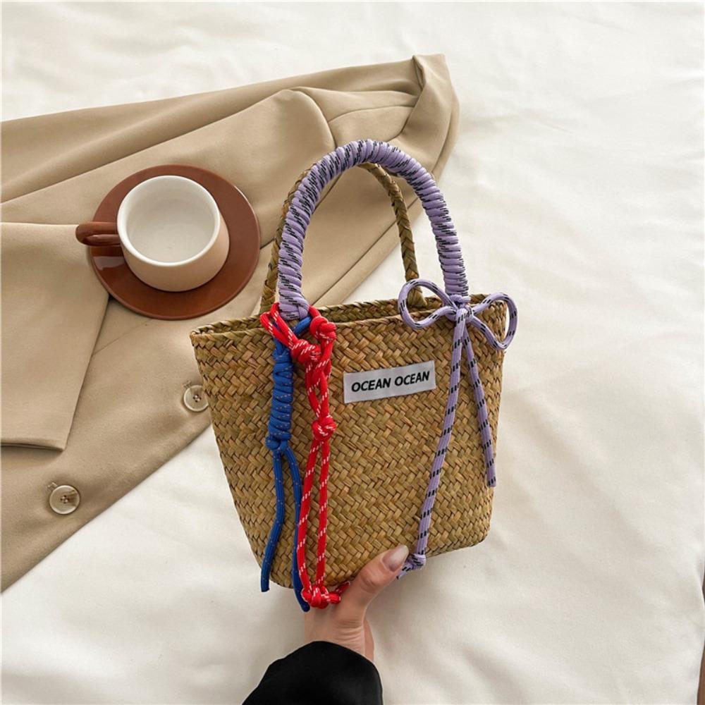 

Nylon Rope Weave Tote Bag Handmade Summer Beach Handbag Leisure Straw Basket Bag Women фиолетовый