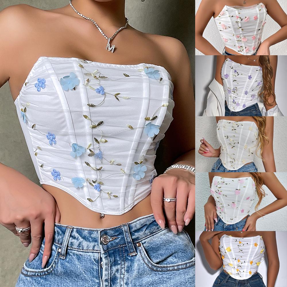 

Женская сексуальная уличная мода с цветочной вышивкой и сеткой из рыбьей кости Короткая верхняя одежда без рукавов Жилет