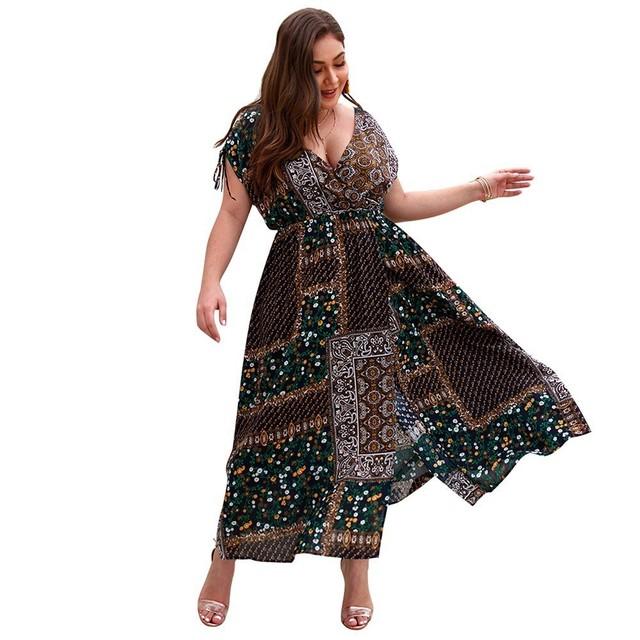 V Neck Retro Floral Print Women's Dresses Bohemian Short Sleeve Loose Female Spring Clothes Elegant Plus Size Vestidos Mujer