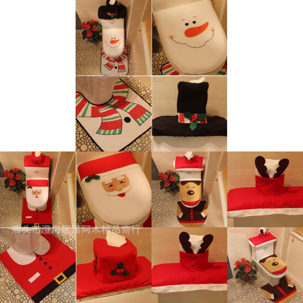 Festliches Weihnachts-WC-Sitzbezug-Set mit Weihnachtsmann-, Schneemann- und Rentiermotiven