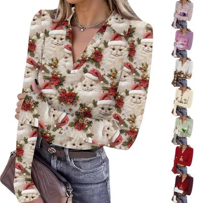 Women's Fashion Casual Christmas Print V-Neck Long Sleeve Button-Down Top