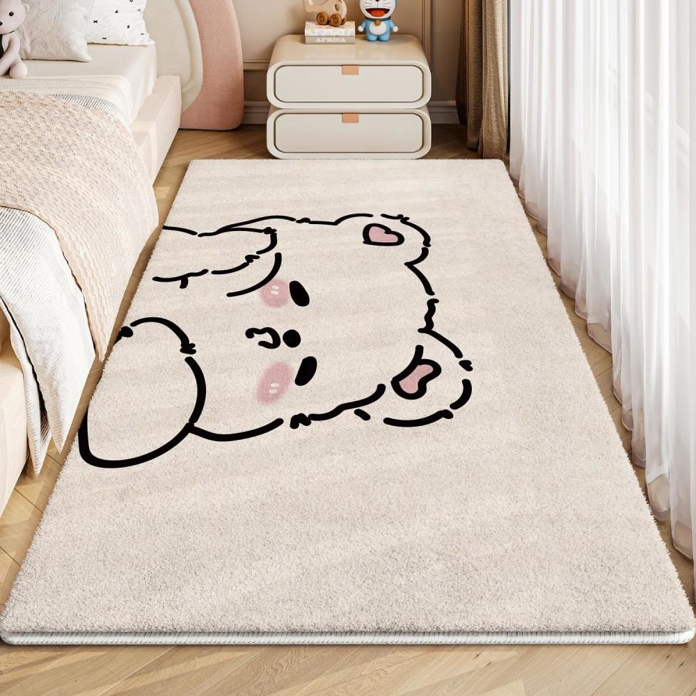 Bedroom Rug, Non-Slip Soft Puffy Carpet, Cartoon Cute Long Pile Bedside Mat for Bedroom & Living Room, Washable Plush