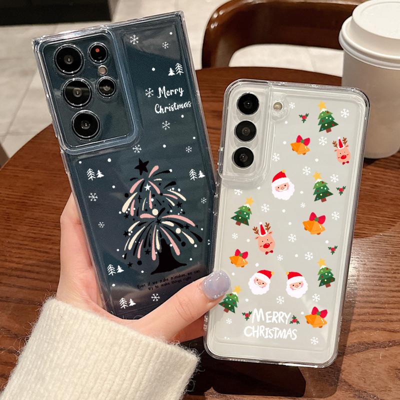 Merry Christmas Elk Santa Tree Pattern Clear Case For Samsung S24 Ultra S23 FE A55 A54 A34 A35 A52 Soft Silicone Shockproof Transparent Phone Cover