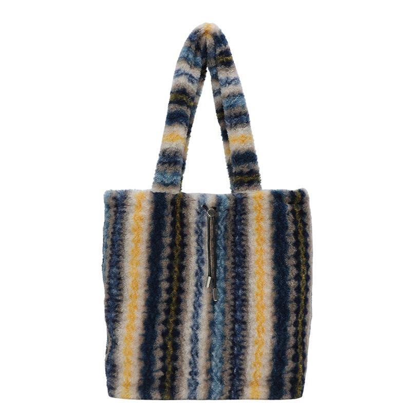 Autumn and Winter Vertical Striped Lamb Wool Wind Hair Bag Large Capacity Commuter Shoulder Tote Women's Bag