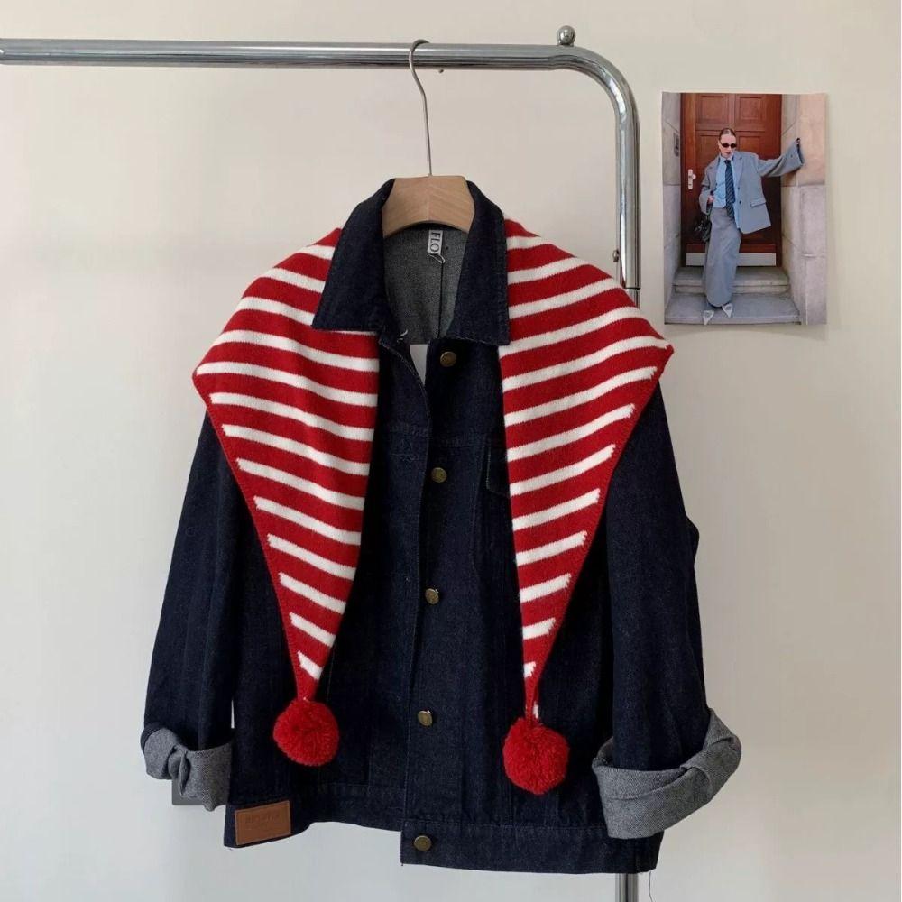 Thicken Triangular Knitted Shawl Plaid Stripe Scarf Retro Winter Cashmere Scarves  Student