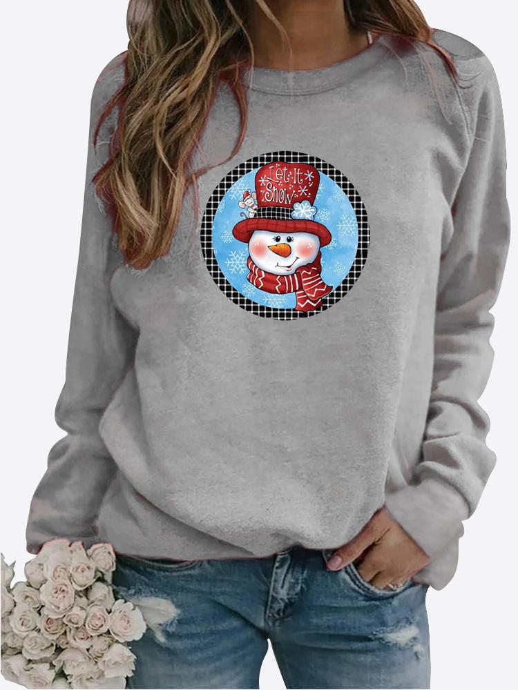 Blusa feminina de outono e inverno com decote redondo, moda casual, cor sólida, manga comprida, estampa de boneco de neve, camiseta solta, tops
