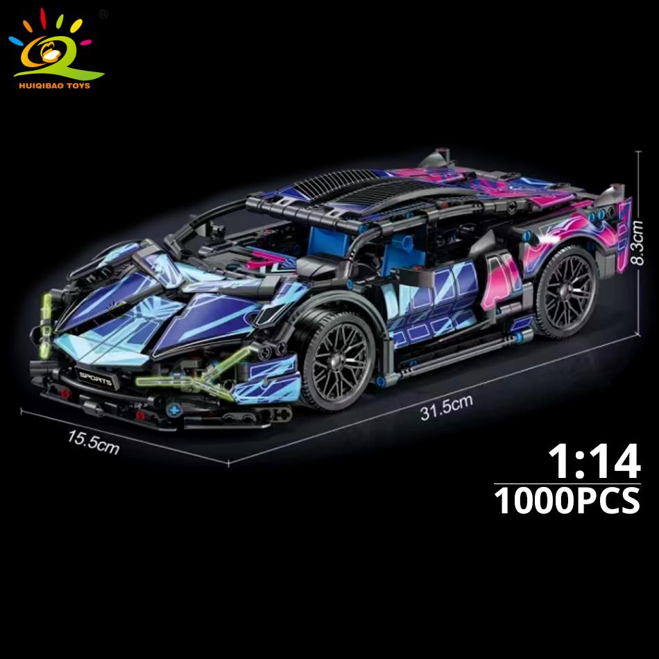 HUIQIBAO 1:14 Racerbiler Teknisk Modell Byggeklosser MOC LED-linje Klosser Utstillingsboks Barn Bykonstruksjonsleke Gutt Spill