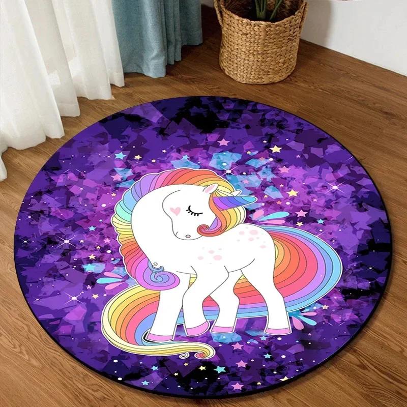 Cute Cartoon Unicorn Round Carpet Non-slip Rug for Office Living Room Bedroom Decor Soft Play Floor Mat Bathroom Kitchen Doormat