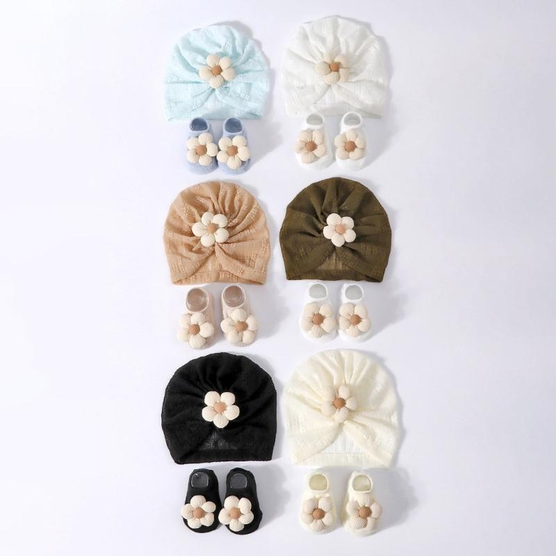 Elastic Infant Turban Hat Breathable Fetal Caps & Matching Socks Set Stylish Girls Clothing Accessories for Baby
