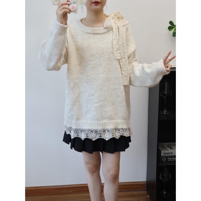 Premium lace lace-up bow knitted sweater top autumn and winter new off-the-shoulder sweater pullover women