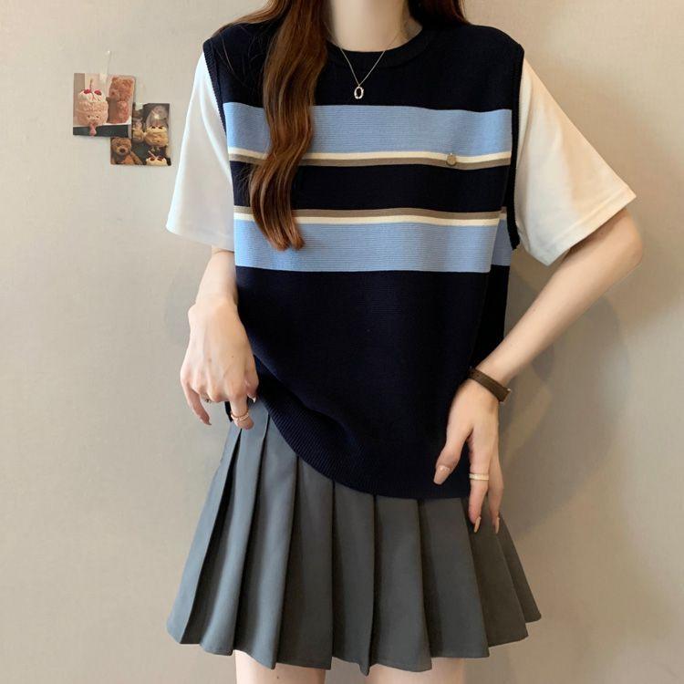Summer Fashion Casual Versatile Short Sleeved Patchwork Round Neck Fake Two-piece Knitted T-shirt for Outerwear