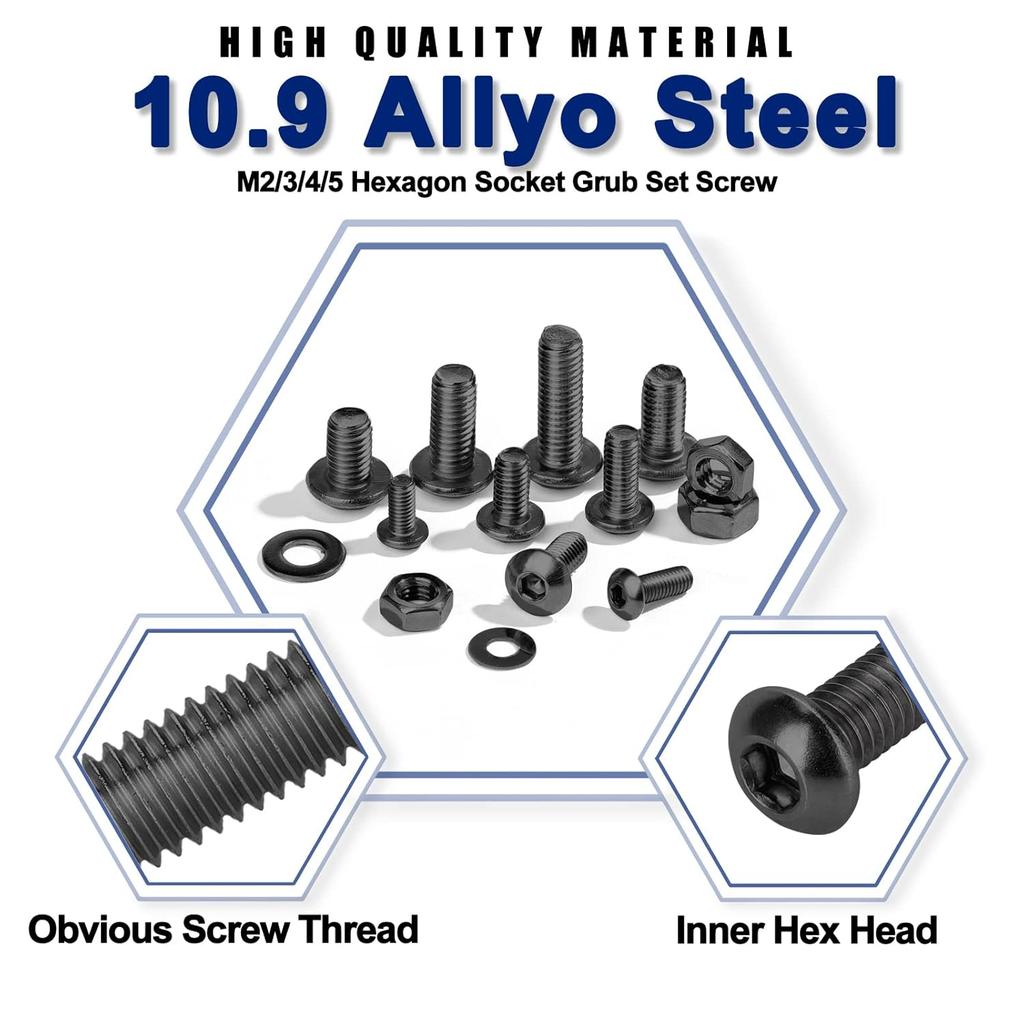 1230Pcs M2 M3 M4 M5 Silver Hex Socket Button Head Screws Nuts Washers Assortment Sets,10.9 Class Alloy Steel Screws Bolts Kit with 4 Allen Wrenches
