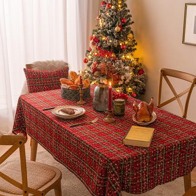 Red and Green Checkered Tablecloth Snowflake Printed Rectangular Christmas Home Festive Atmosphere Tablecloth Table Mat